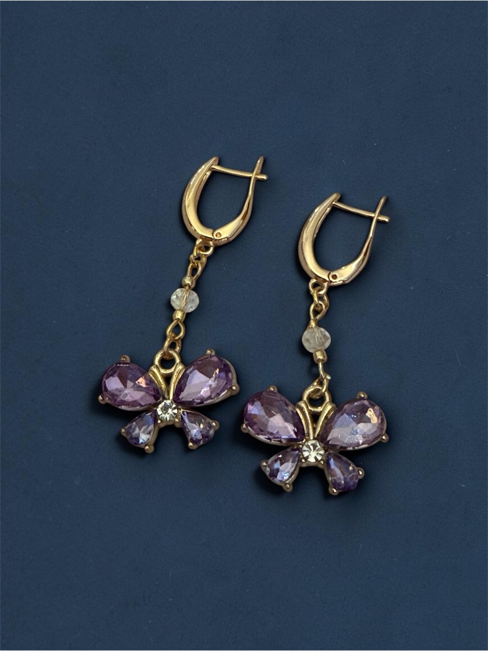 Hand Crafted Gold Butterfly Drop Earrings with Purple Crystals
